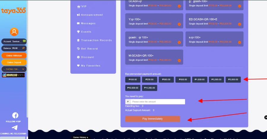 Choose amount of money to deposit