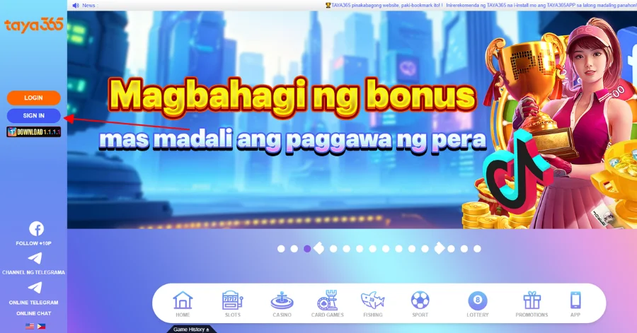 Go to Taya365 website and click Sign in button